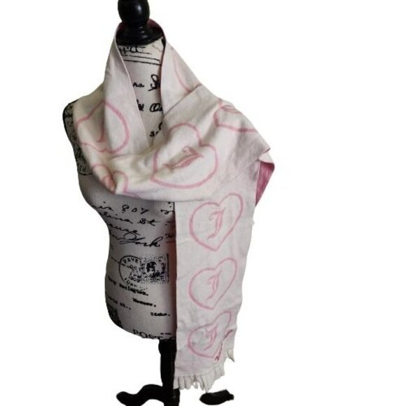 Juicy Couture Pink White Logo Heart Wool Blend Knit Reversible Scarf 84"x8" - Picture 1 of 8